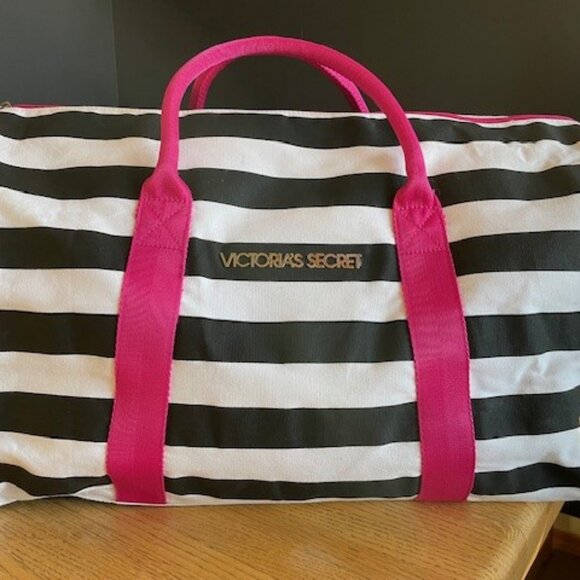 Victoria’s Secret BLACK & WHITE STRIPED TOTE BAG With PINK Adjustable Strap NEW - Picture 1 of 14
